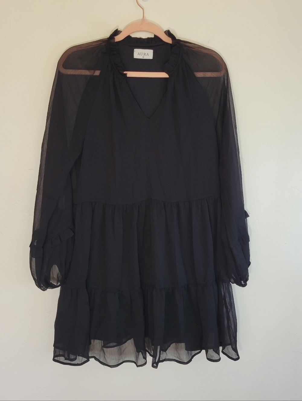 Aura Black Sheer Tiered Mini Dress Women Size S
